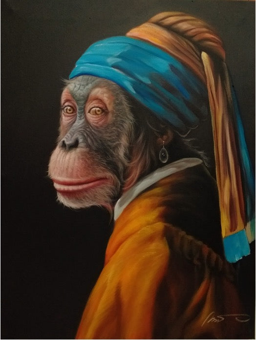 A detailed close-up of a painting inspired by The Girl with a Pearl Earring, featuring a woman with a pearl earring and blue headscarf by arthai.
