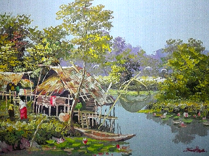 Artai Life by the Canal painting featuring a serene canal scene with lush greenery and reflections on the water.